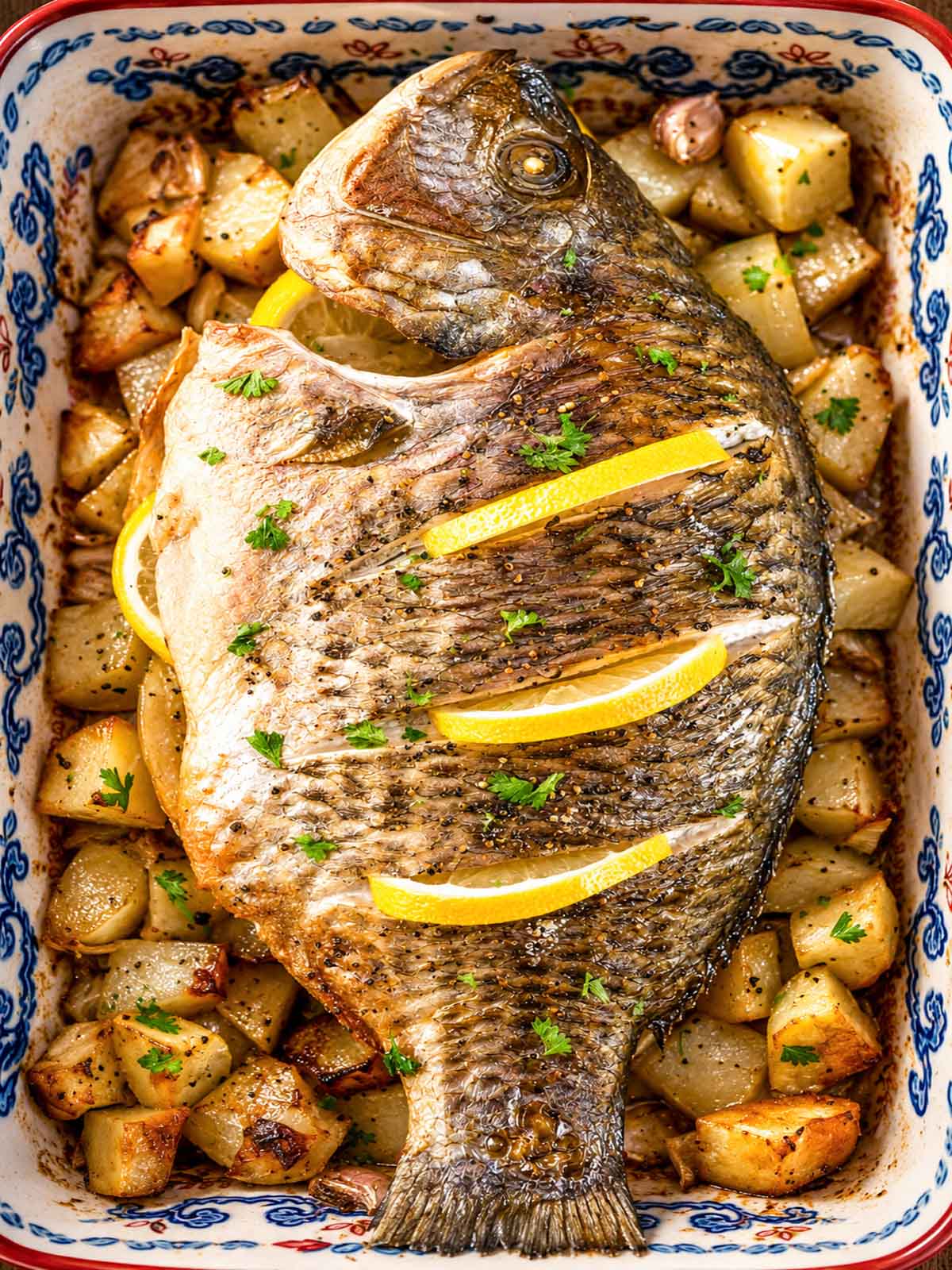 Baked whole tilapia with potatoes in a ceramic baking dish