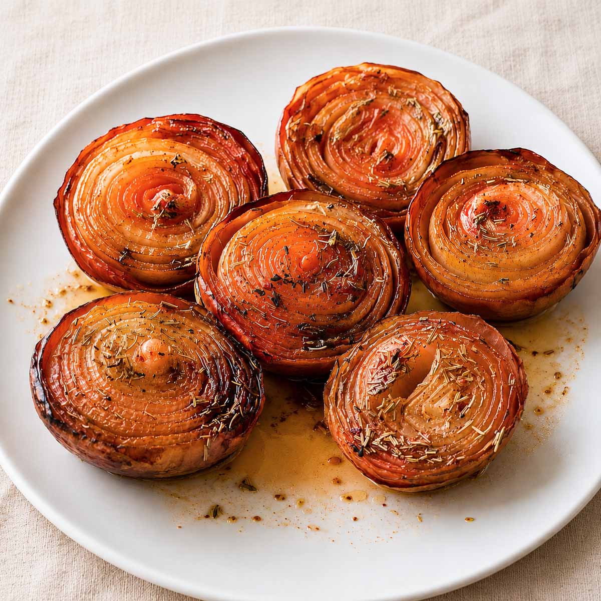 Close-up of balsamic roasted onions with glossy caramelized edges and balsamic glaze.