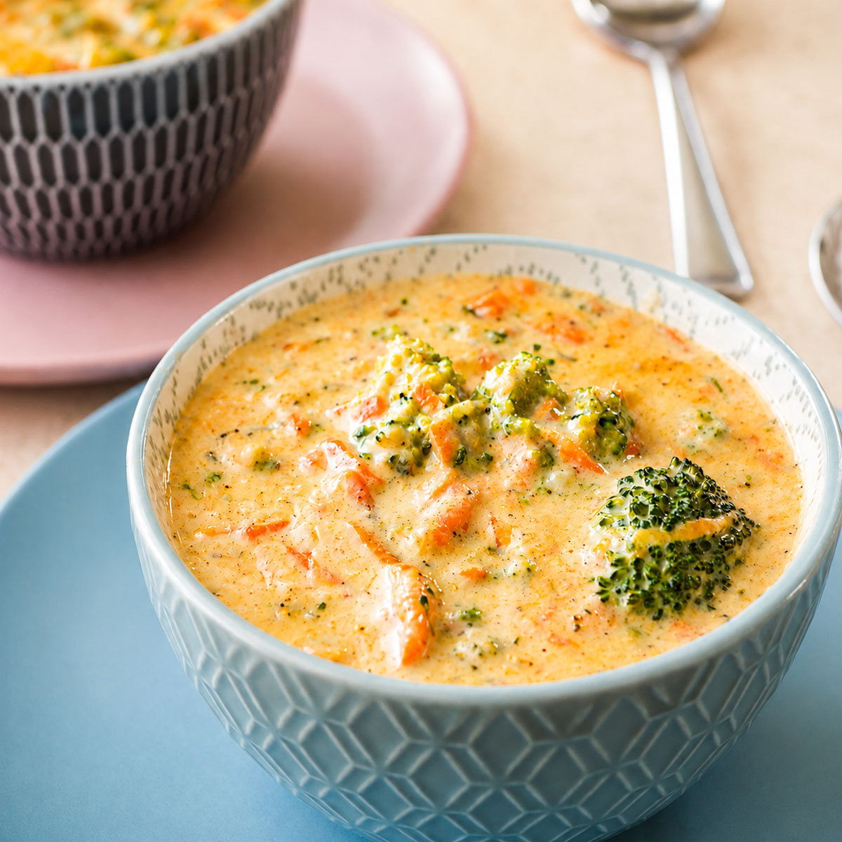 Easy broccoli cheddar soup in a white bowl, topped with melted cheddar and tender broccoli florets.