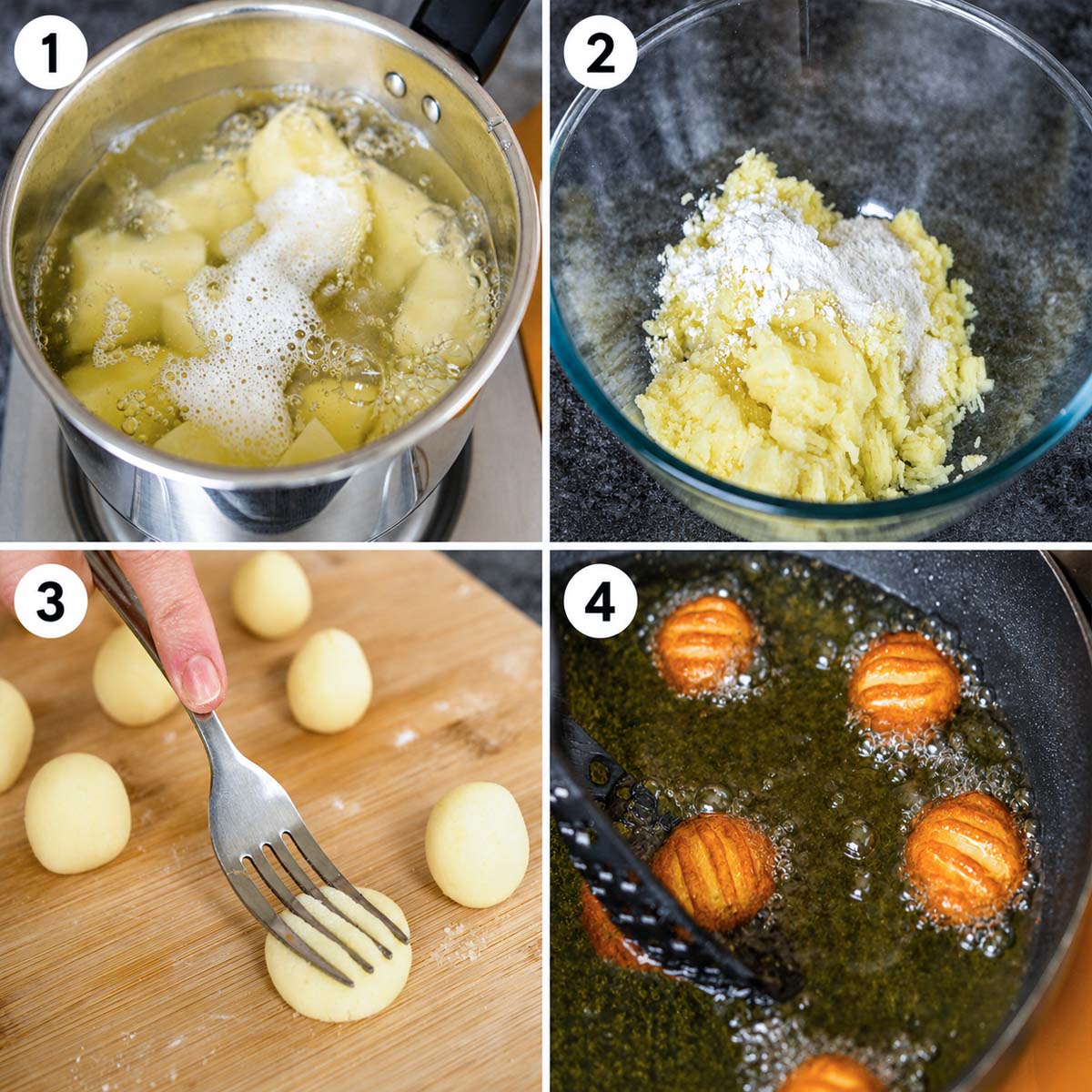 Four potato-pillow steps: boil potato chunks, press them smooth, mix the dough, and roll it into a log, cut the dough, press with a fork, fry until golden, and drain.