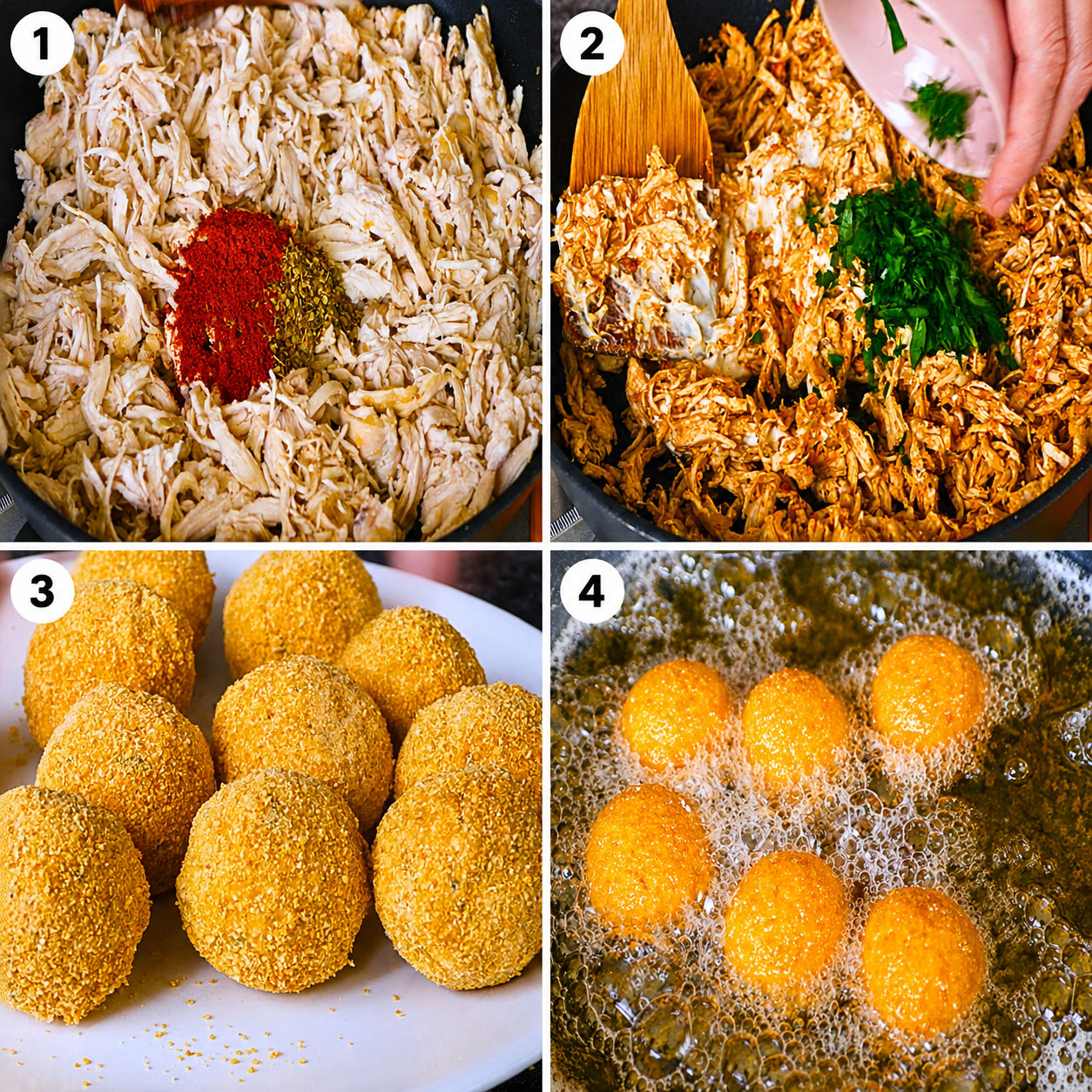 Four-step collage showing onion and garlic cooking, seasoned shredded chicken, parsley, and cream cheese being mixed. chicken croquettes shaped, coated in cornstarch and breadcrumbs, then fried until golden.