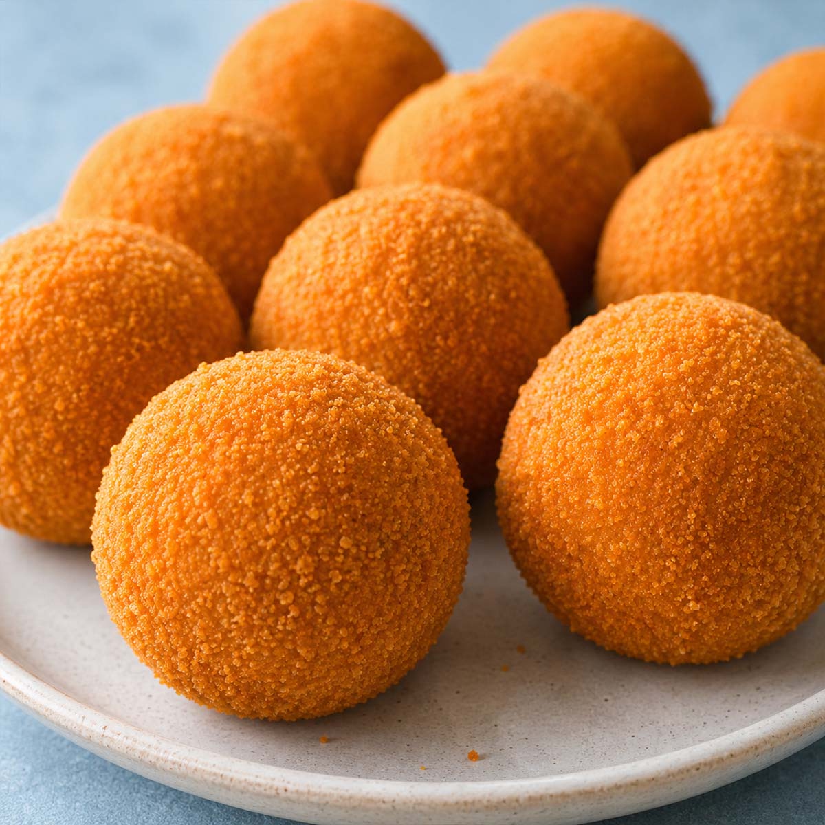 Close-up of golden chicken croquettes on a white plate, highlighting their round shape and crisp breadcrumb coating.
