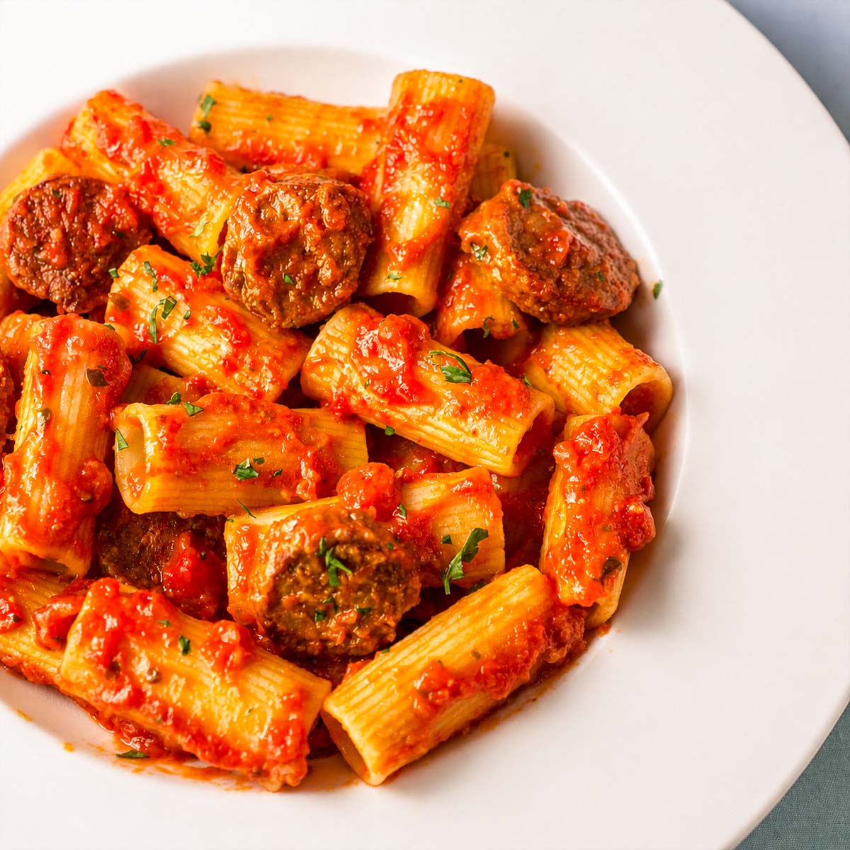 Spanish chorizo pasta with rigatoni and rich tomato sauce on a white plate