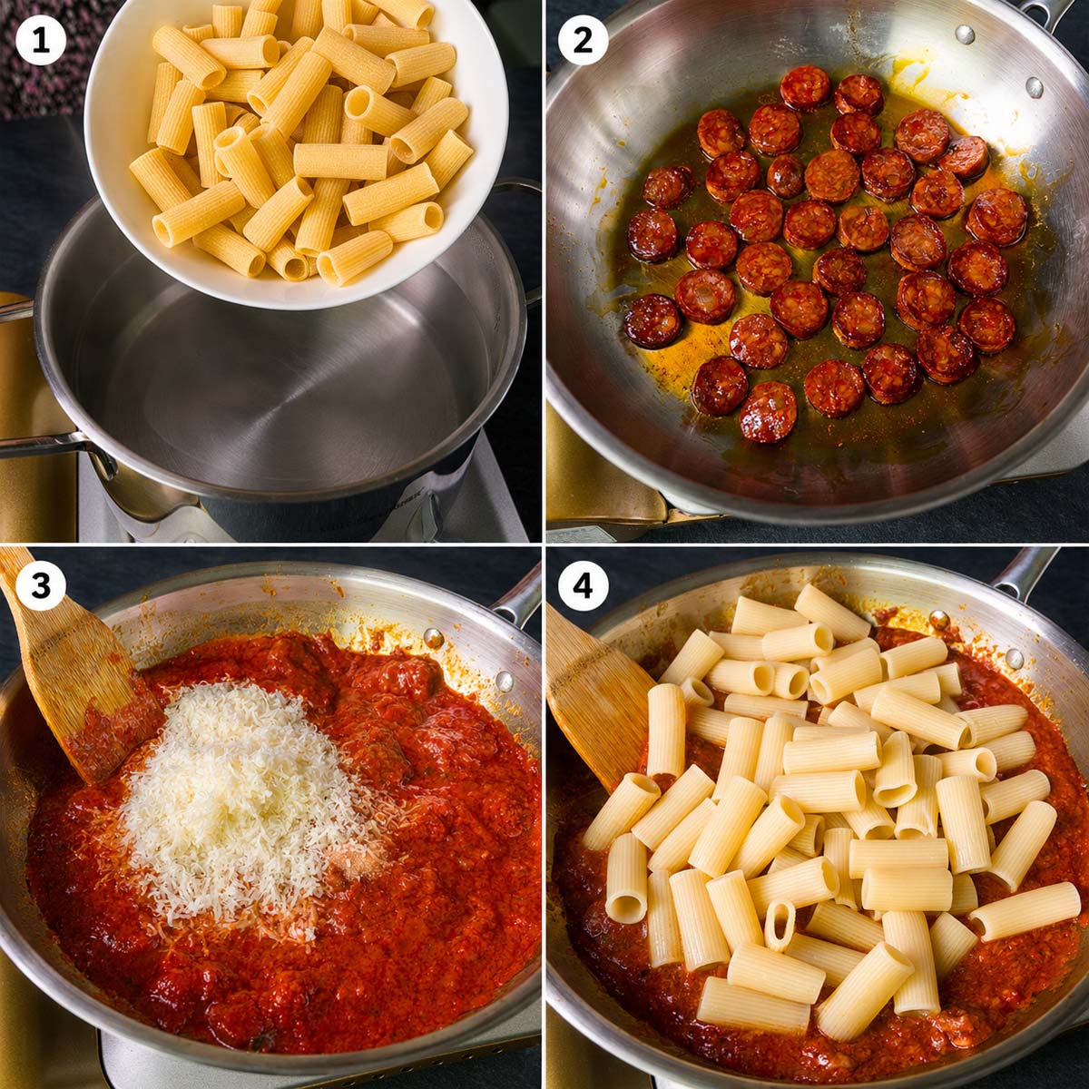 rigatoni added to a pot, Spanish chorizo browned, Parmesan added to the tomato sauce and cooked pasta added to the skillet.