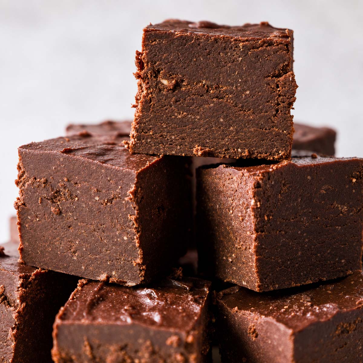 Close-up of creamy cottage cheese chocolate fudge, smooth no-bake 2-ingredient fudge cut into rich, thick squares.