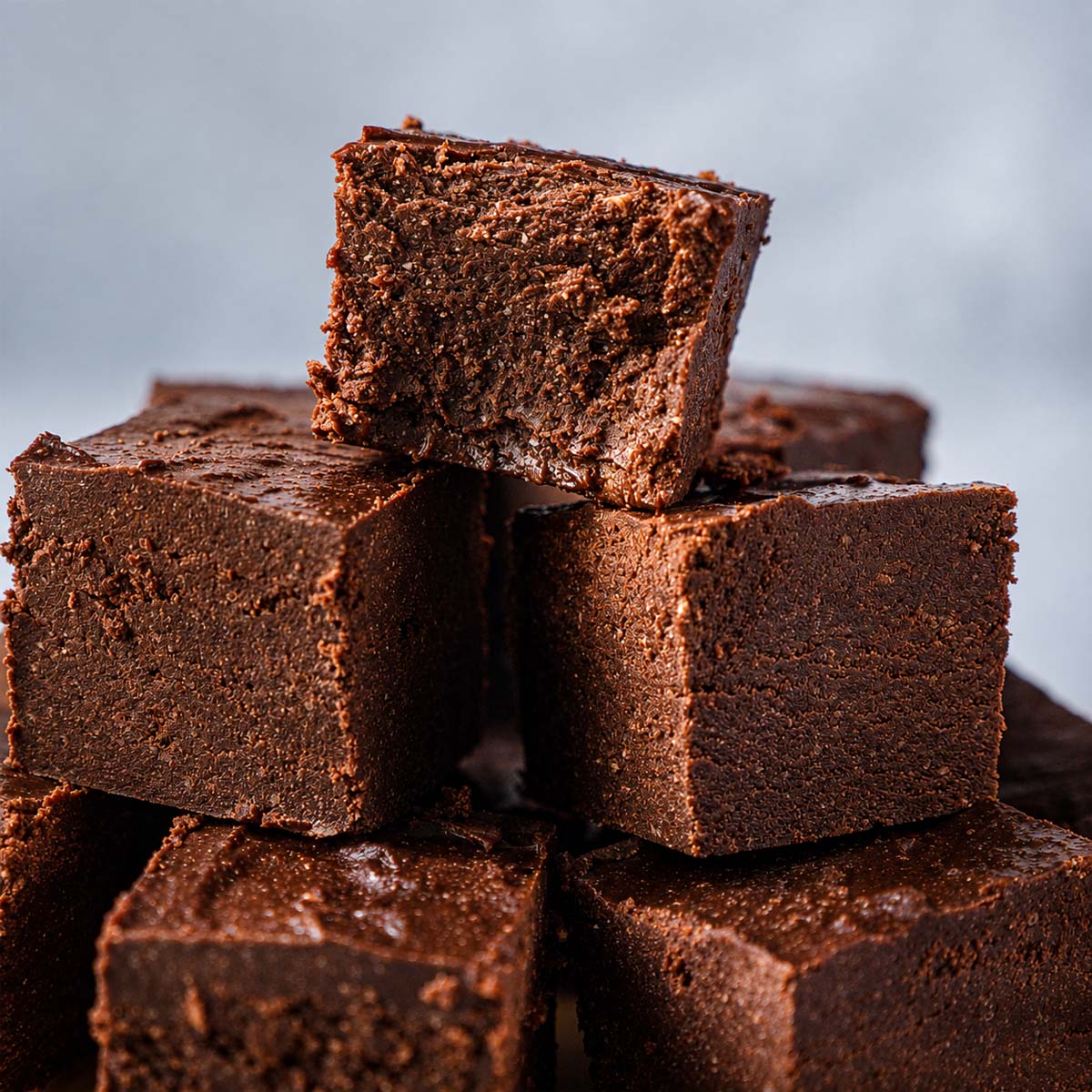 Plate of cottage cheese chocolate fudge pieces, with one square showing bite marks to reveal the creamy, smooth no-bake 2-ingredient center.