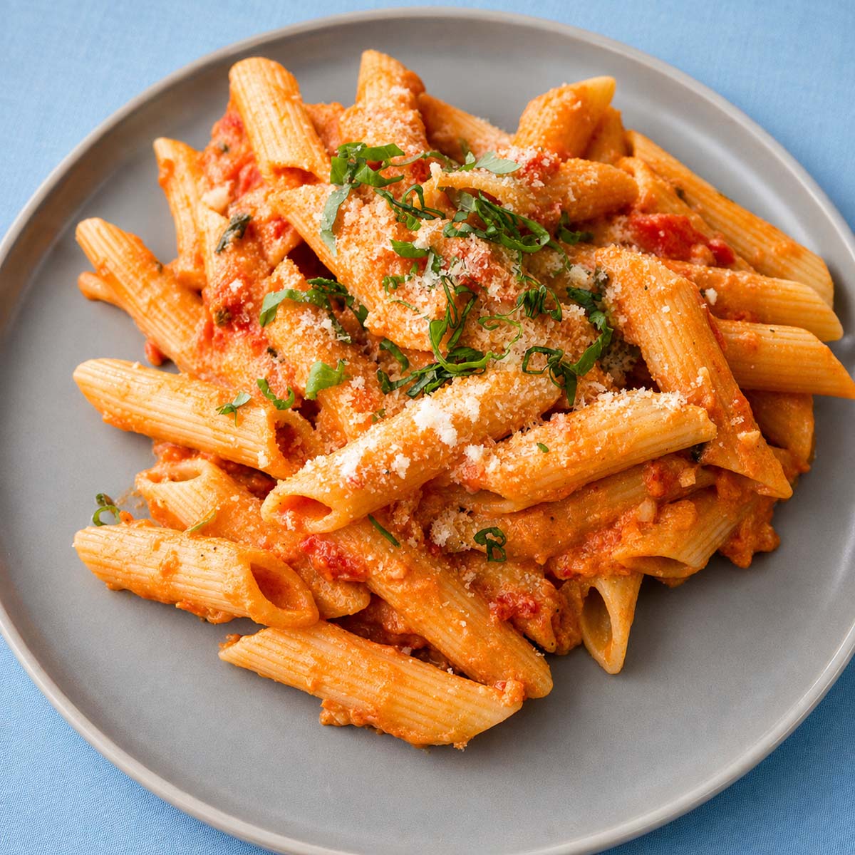 Creamy tomato penne pasta served in a bowl with Parmesan and fresh basil.