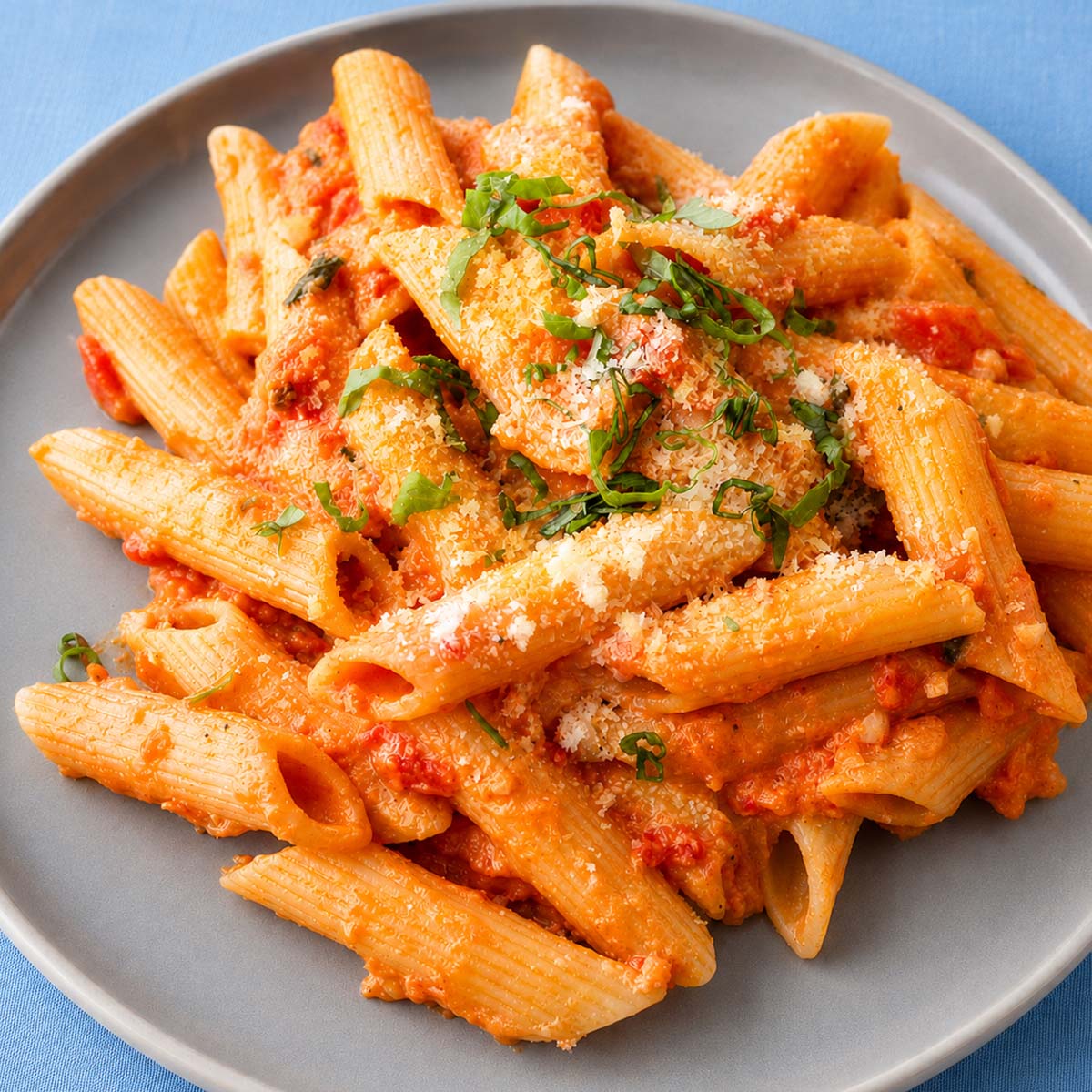 Close-up of penne coated in creamy tomato sauce with Parmesan and basil.