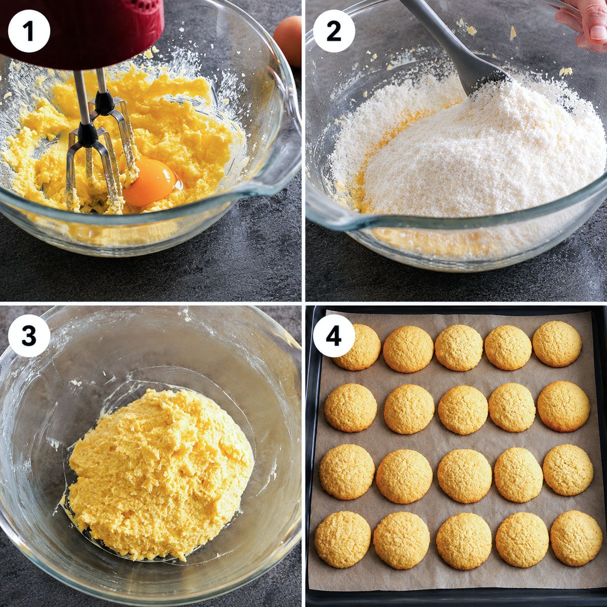 Mixing butter and sugar, adding eggs, combining wet and dry ingredients, rolling coconut cookie dough onto a parchment-lined tray, and the baked cookies.