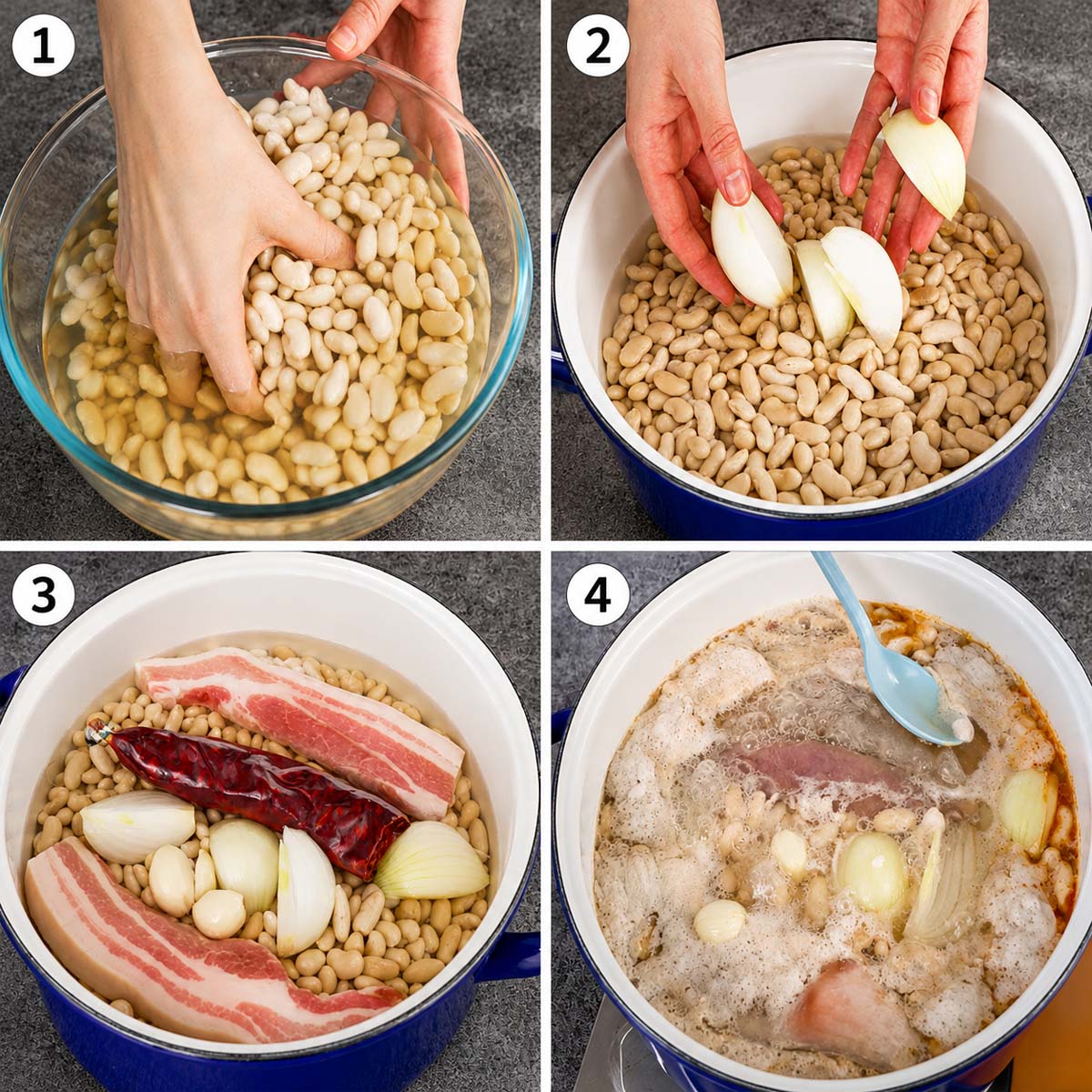 soaking the beans, adding onion, garlic, pork belly and chorizo, then skimming the pot.