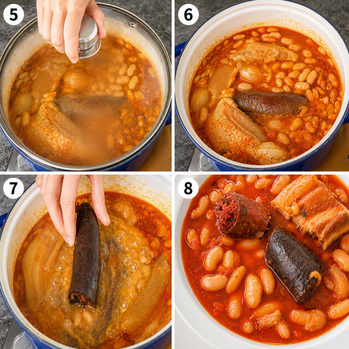 gently simmering the beans, adding the morcilla, and serving the stew with the meats.