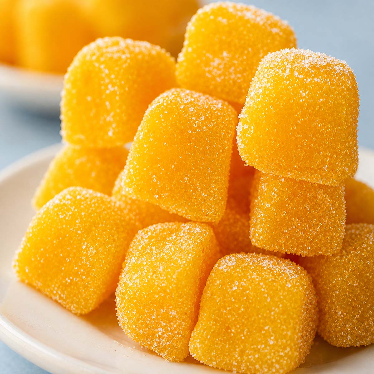 Sugar-coated homemade fruit snacks without gelatin piled on a white plate, bright orange gummy cubes with a soft, chewy look.