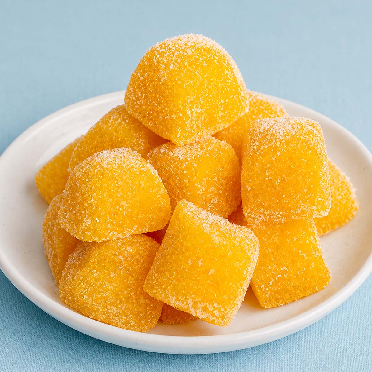Homemade fruit snacks without gelatin, sugar-coated orange gummy squares stacked on a white plate with a hand picking one up.