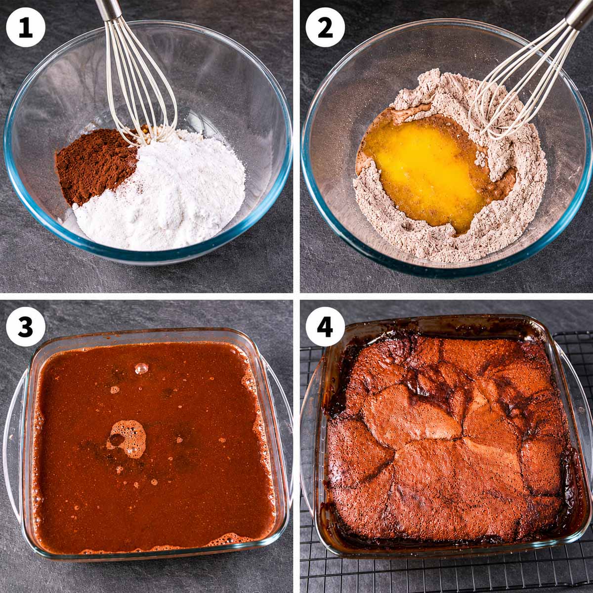 Four-step collage showing dry ingredients mixed, liquid added, boiling water poured over the batter and hot fudge pudding cake baking.