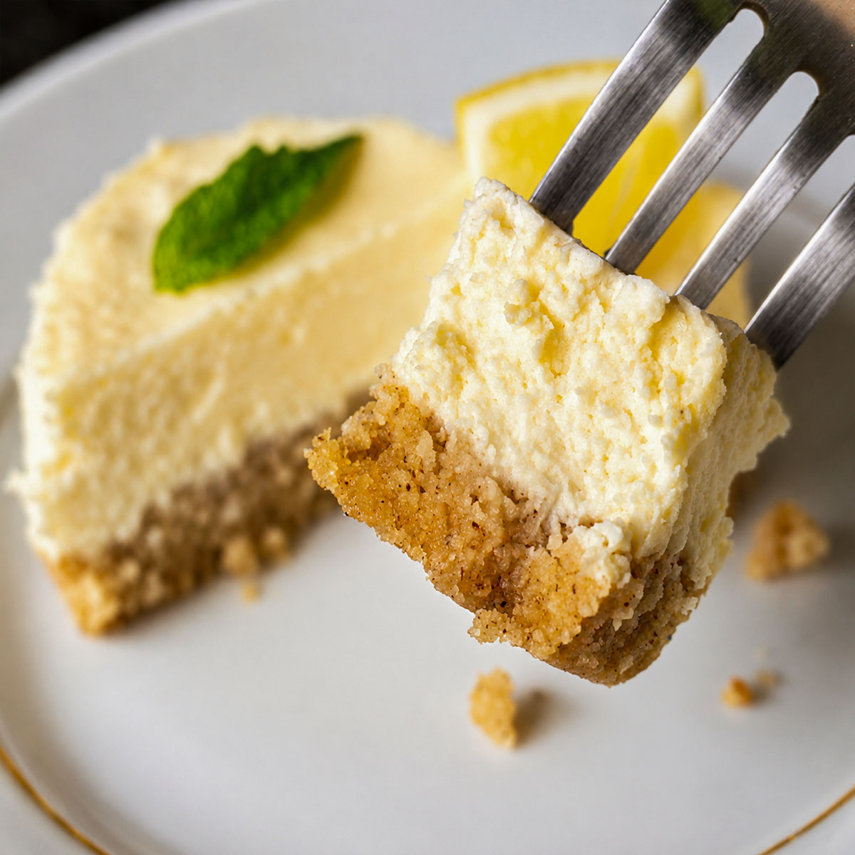 Fork lifting a bite of mini lemon cheesecake showing the creamy filling and almond flour crust.