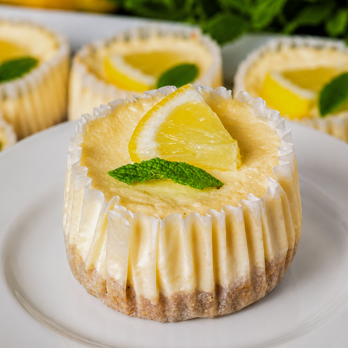 Mini lemon cheesecakes in paper liners topped with a lemon slice and mint leaf