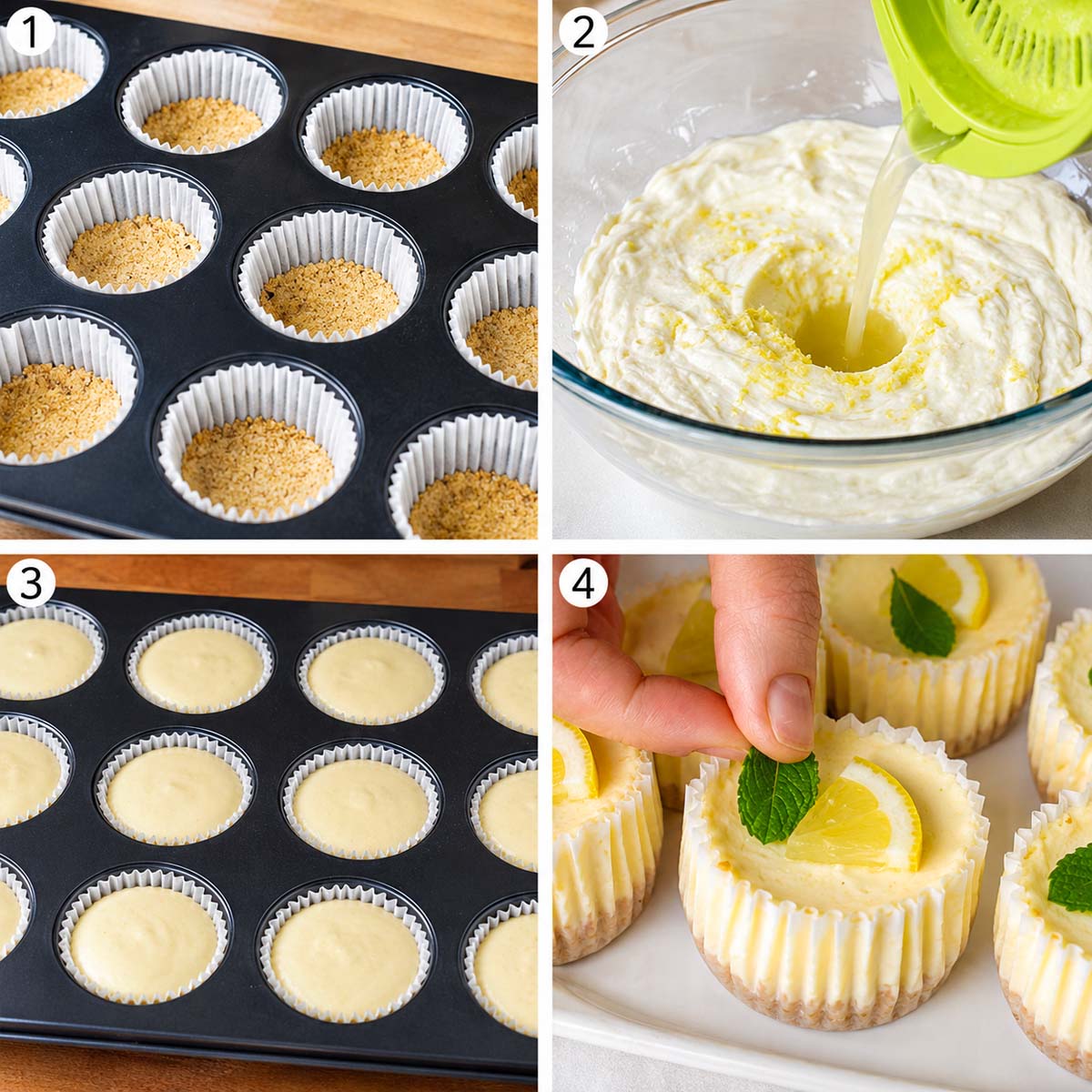 Process for almond flour crust, lemon cheesecake filling, filled muffin cups and baked mini lemon cheesecakes.