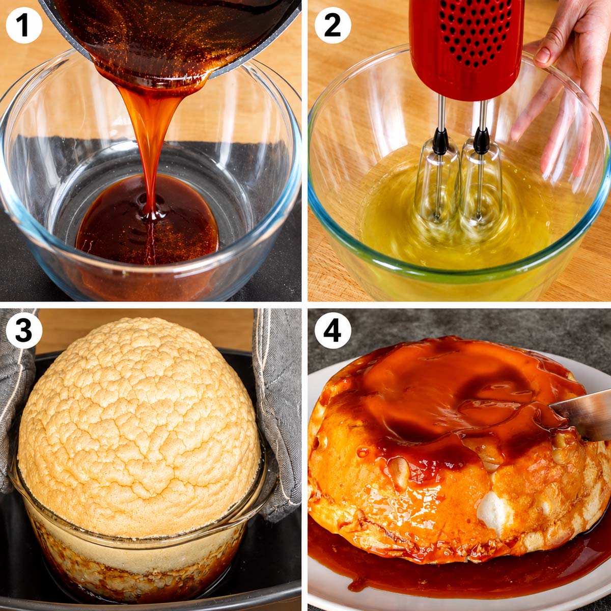 Four-step collage showing caramel poured into a glass bowl, egg whites whipped, baked meringue risen and caramel Molotof unmoulded.