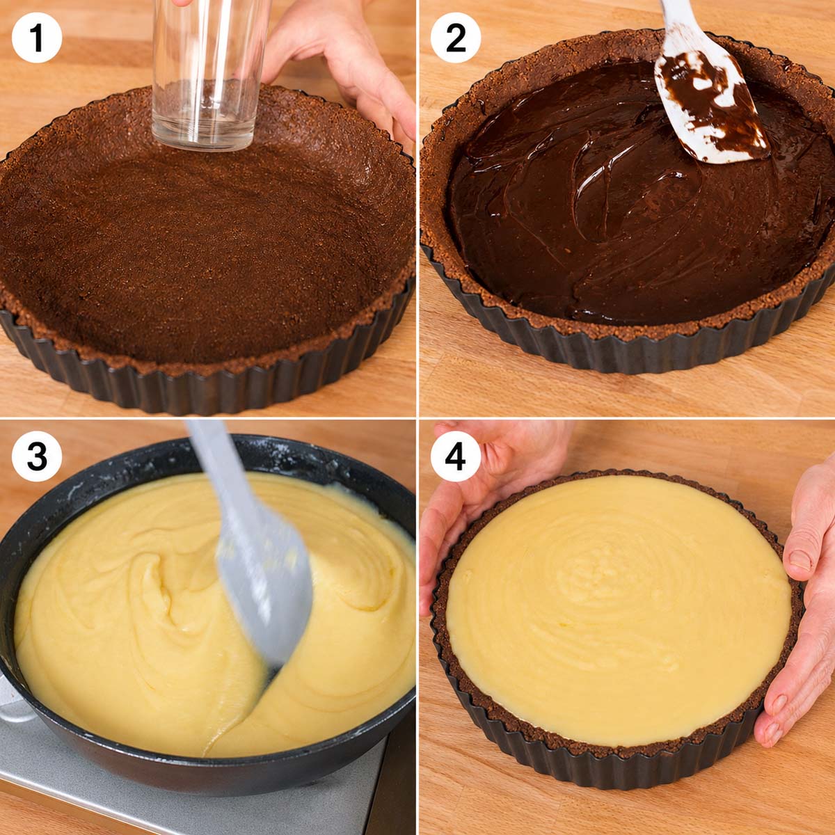 Bourbon biscuit tart shell, chocolate ganache added and chilled, orange custard prepared, and custard spread over the ganache.