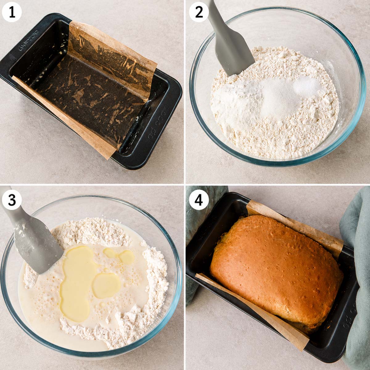Four-step process showing the dry ingredients mixed, the milk and sunflower oil blended, both mixtures combined, and the no yeast bread batter poured into the loaf pan.