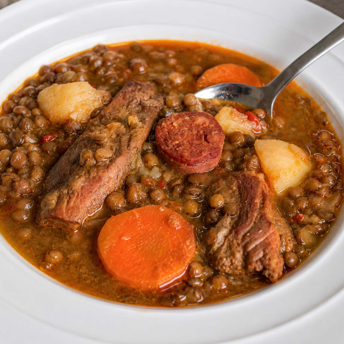 Spanish lentil stew with chorizo, potatoes, carrots, and pork ribs in a white bowl