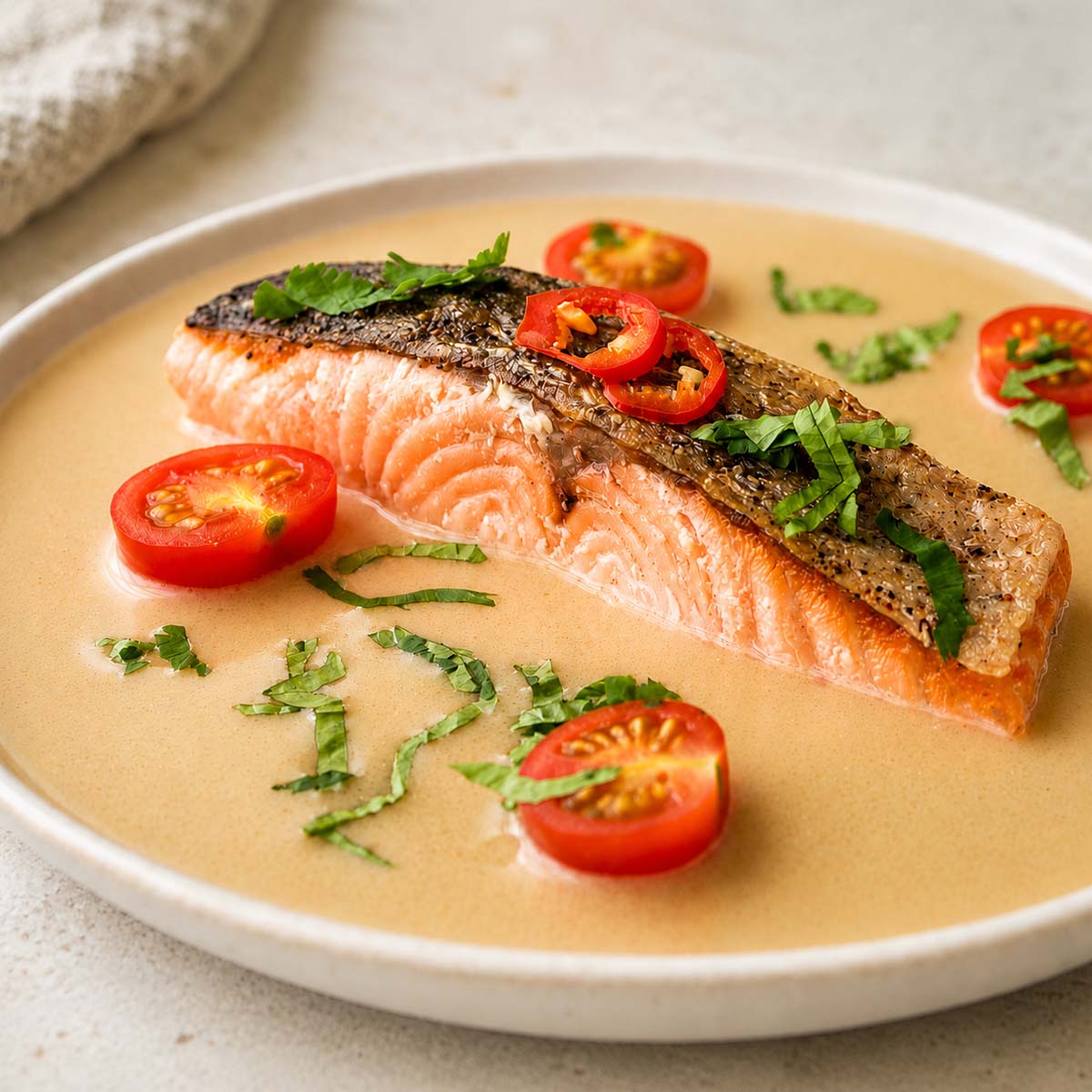 Close-up of Thai coconut salmon with crispy skin in creamy coconut sauce, garnished with cherry tomatoes, chili and herbs.
