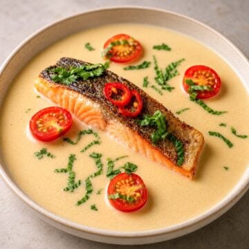 Pan-seared Thai coconut salmon in a creamy coconut sauce with cherry tomatoes, red chili and fresh herbs.