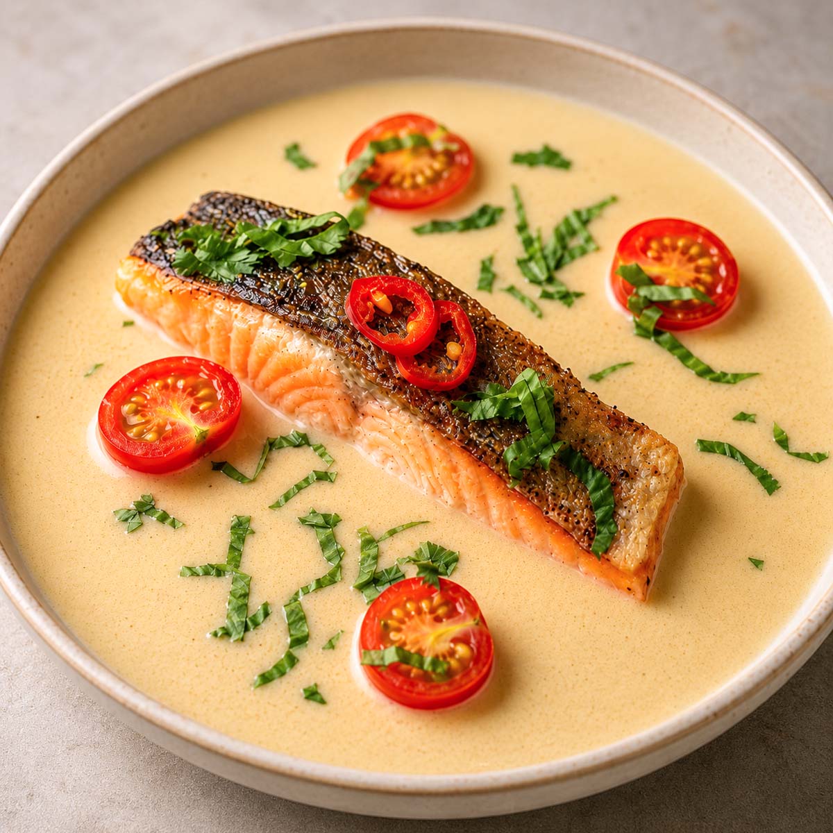 Pan-seared Thai coconut salmon in a creamy coconut sauce with cherry tomatoes, red chili and fresh herbs.