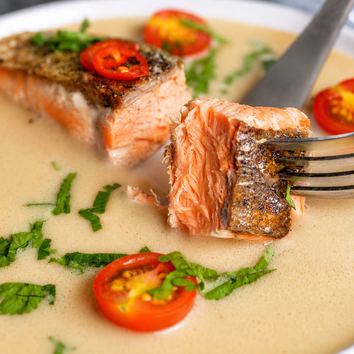 Flaky Thai coconut salmon on a fork over creamy coconut sauce with cherry tomatoes and fresh herbs.