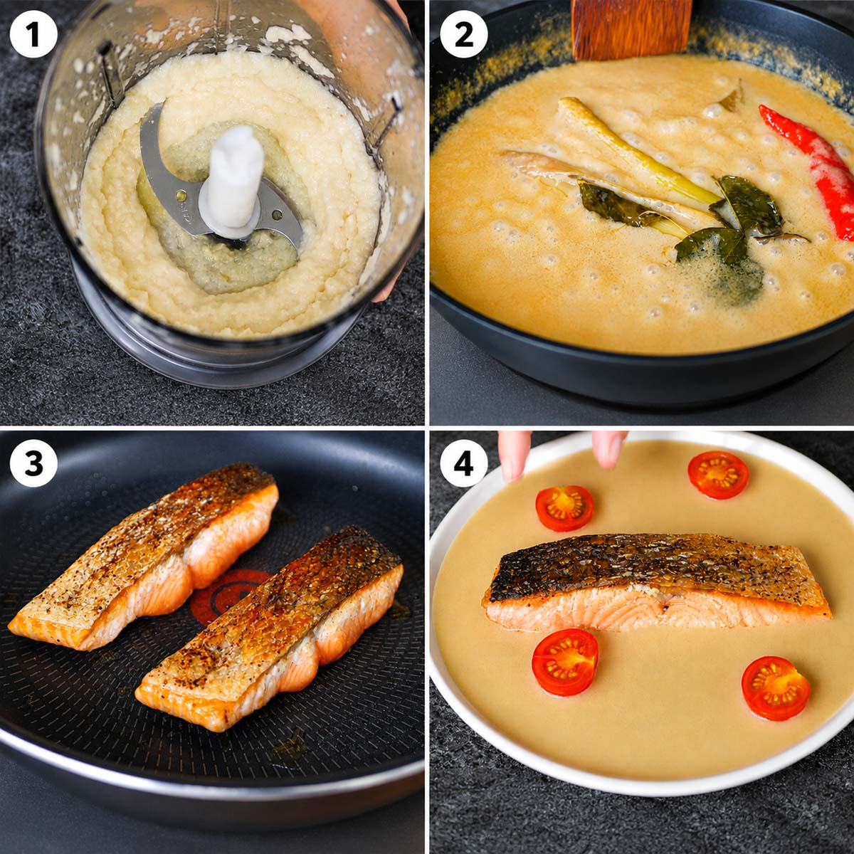 Blending the aromatic paste, simmering the coconut sauce, seasoning and pan-searing the salmon, then plating it with the sauce.