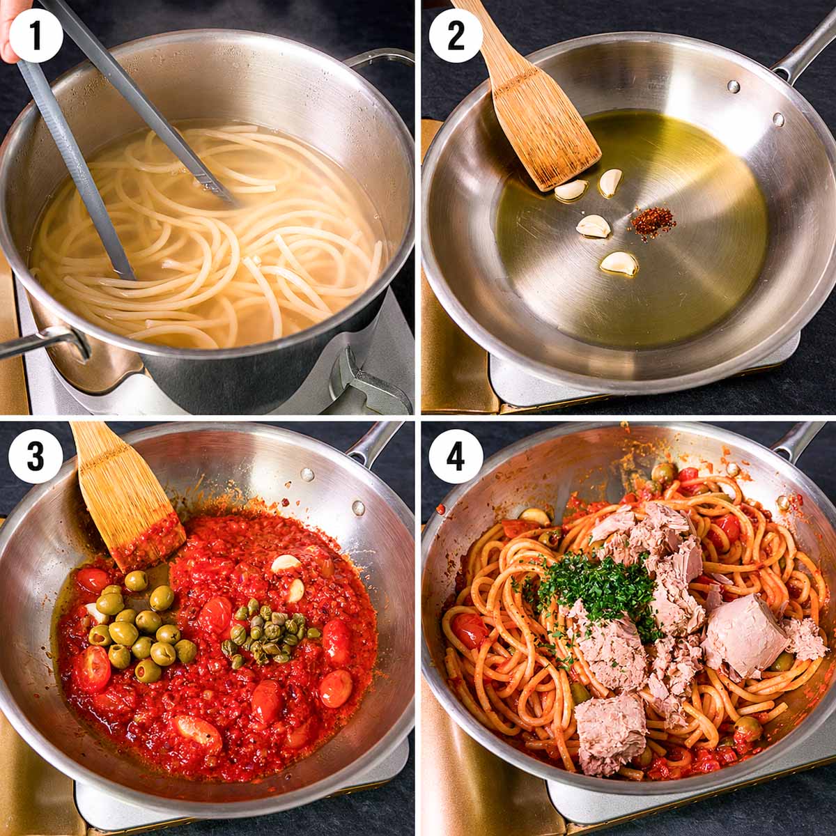 Spaghetti cooking, garlic and chili infusing olive oil, the tomato and olive sauce cooking, and tuna with parsley tossed through the pasta.