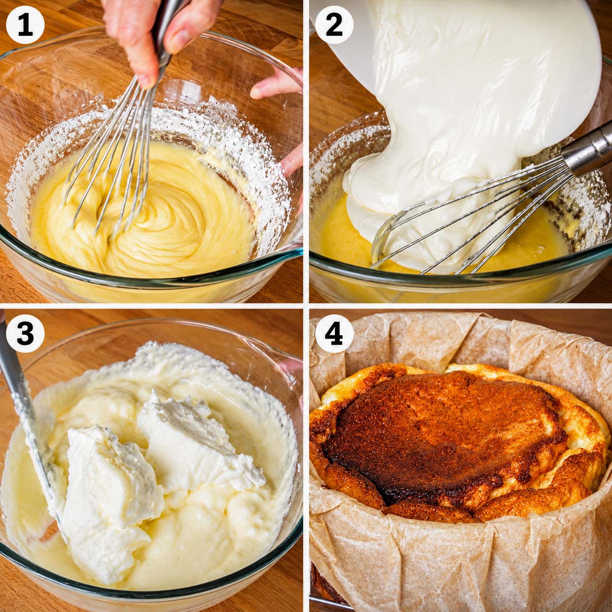 Four-step collage showing egg yolks whisked with sugar, Greek yogurt mixed into the batter, whipped egg whites folded in, and the fluffy yogurt cake baked and cooled.