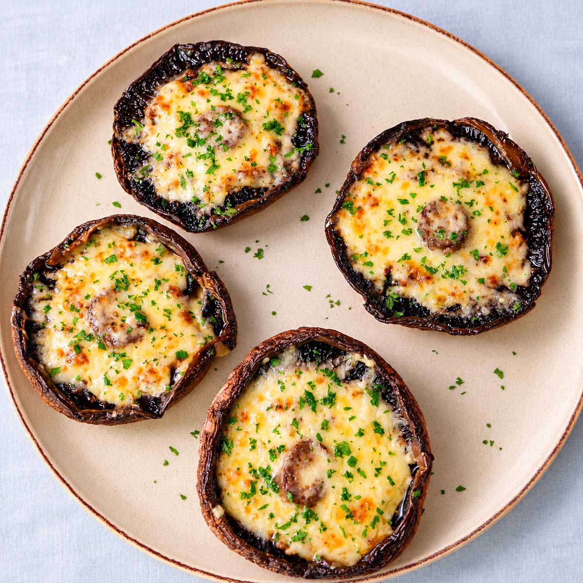 Baked portobello mushrooms topped with melted cheddar cheese and chopped parsley on a ceramic plate