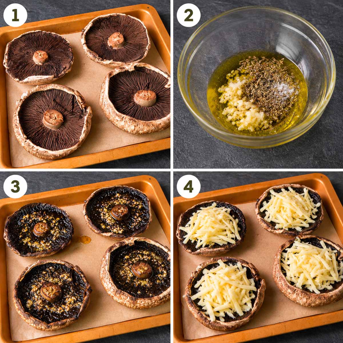 Step-by-step collage showing how to prepare baked portobello mushrooms with garlic herb oil and cheddar cheese