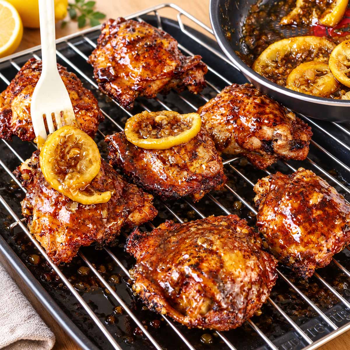 Glazed honey lemon chicken thighs on a wire rack with lemon slices and garlic sauce.