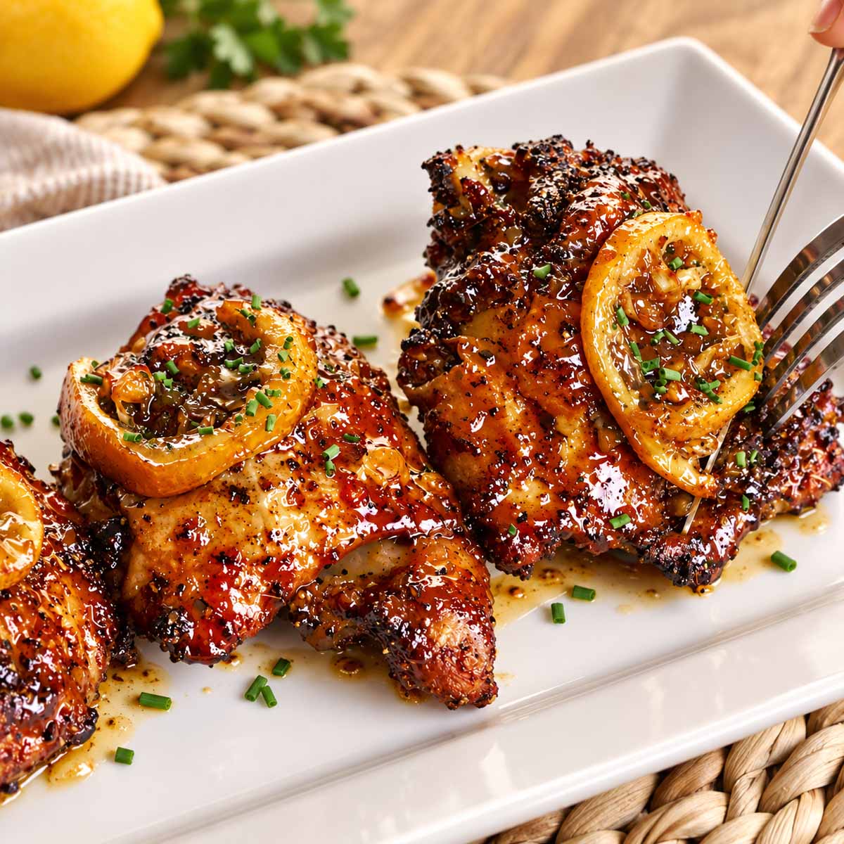 Baked honey lemon chicken thighs topped with caramelized lemon slices and chopped chives on a white platter.