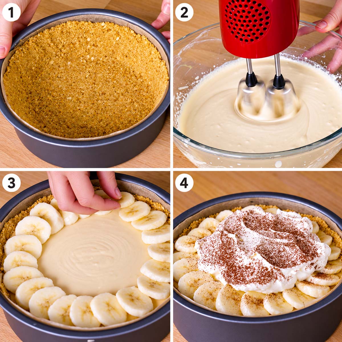 Four-step banoffee pie process showing the biscuit crust, whipped filling, banana slices and finished chocolate-topped pie