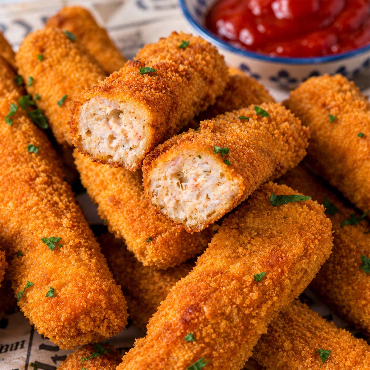 Chicken fries cut open to show the ground chicken filling inside the crispy coating