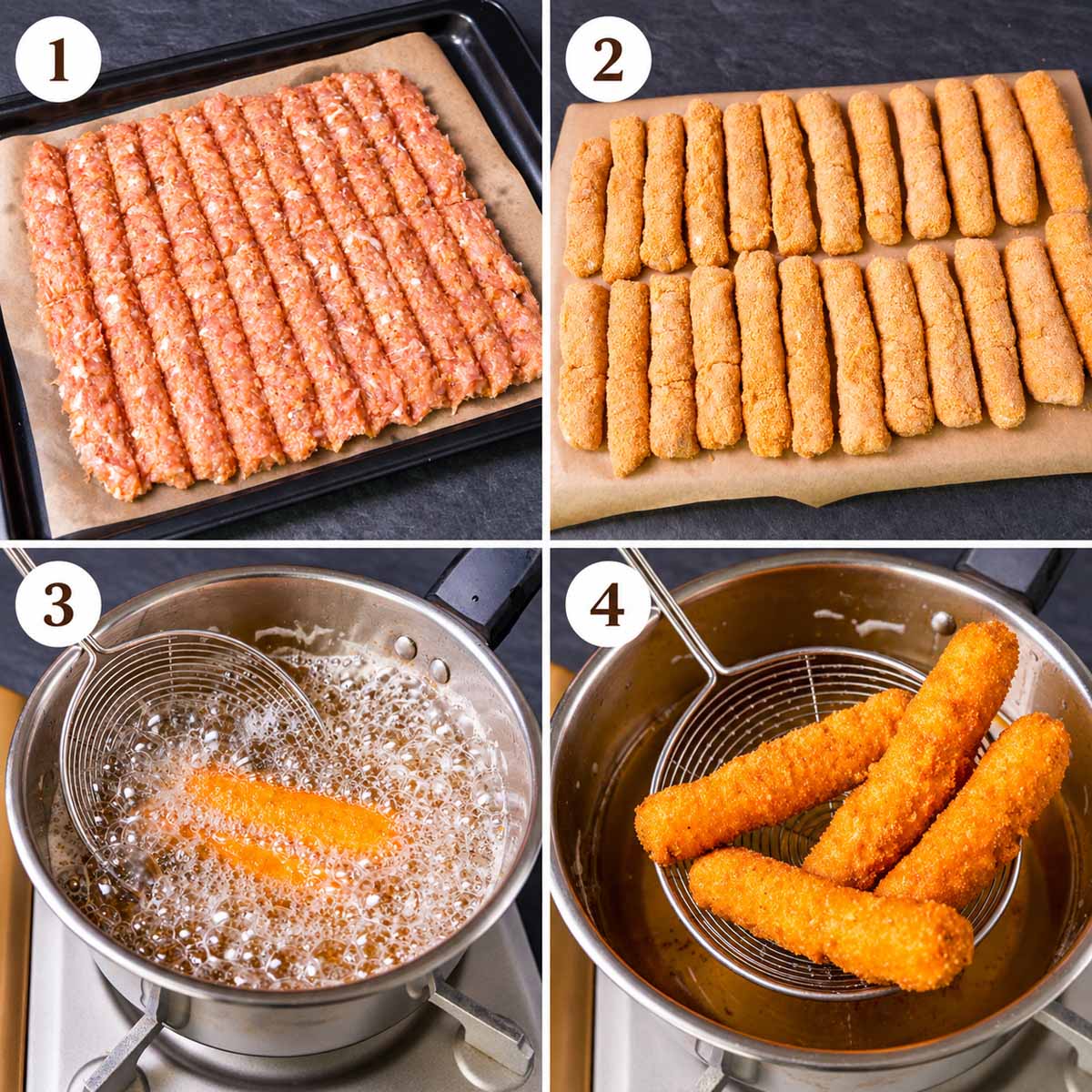 Four-step collage showing homemade chicken fries shaped from ground chicken, coated in breadcrumbs, deep-fried until golden, and lifted from the oil with a wire skimmer.