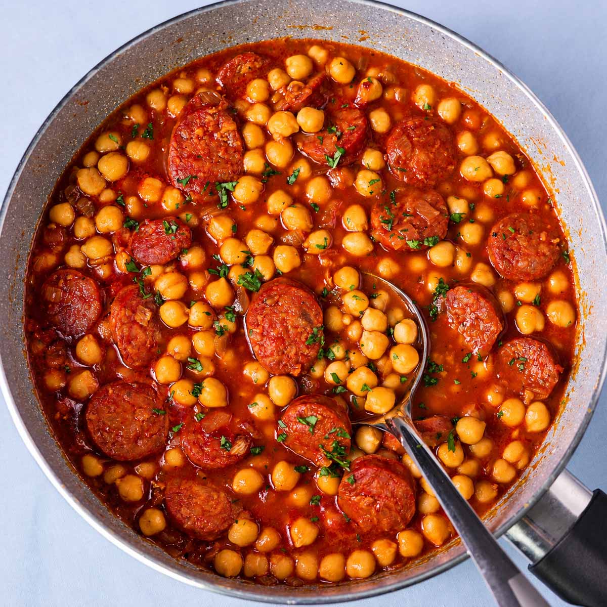 Chickpea and chorizo stew with Spanish chorizo in a rich tomato sauce