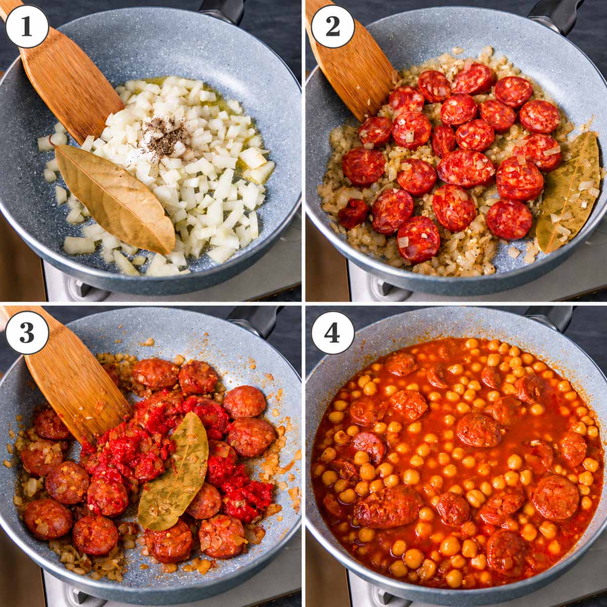 Diced onion, bay leaf, salt and black pepper cooking in olive oil
Sliced chorizo cooking with softened onion and bay leaf
Tomato paste added to chorizo, onion and bay leaf in the skillet
Chickpeas and chorizo simmering together in tomato sauce