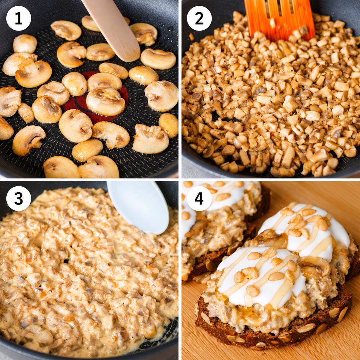 Four-step collage showing mushrooms sautéed, chopped and cooked until golden, mixed with cream, and served on seeded toast.