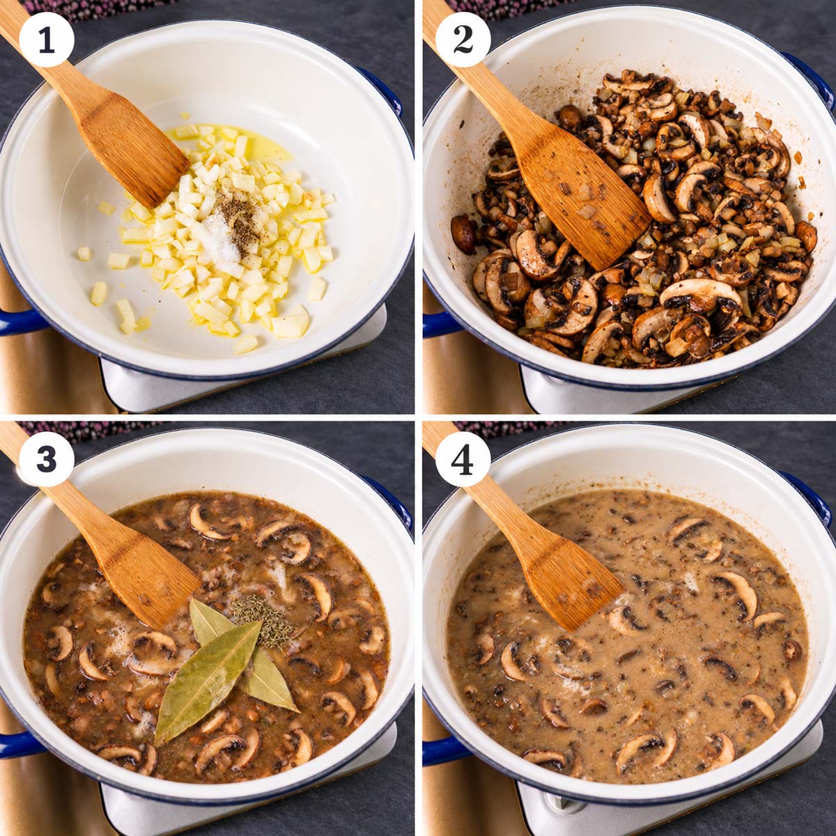 Step-by-step collage showing how to make mushroom soup without cream, from sautéing onions and mushrooms to simmering and thickening the soup.