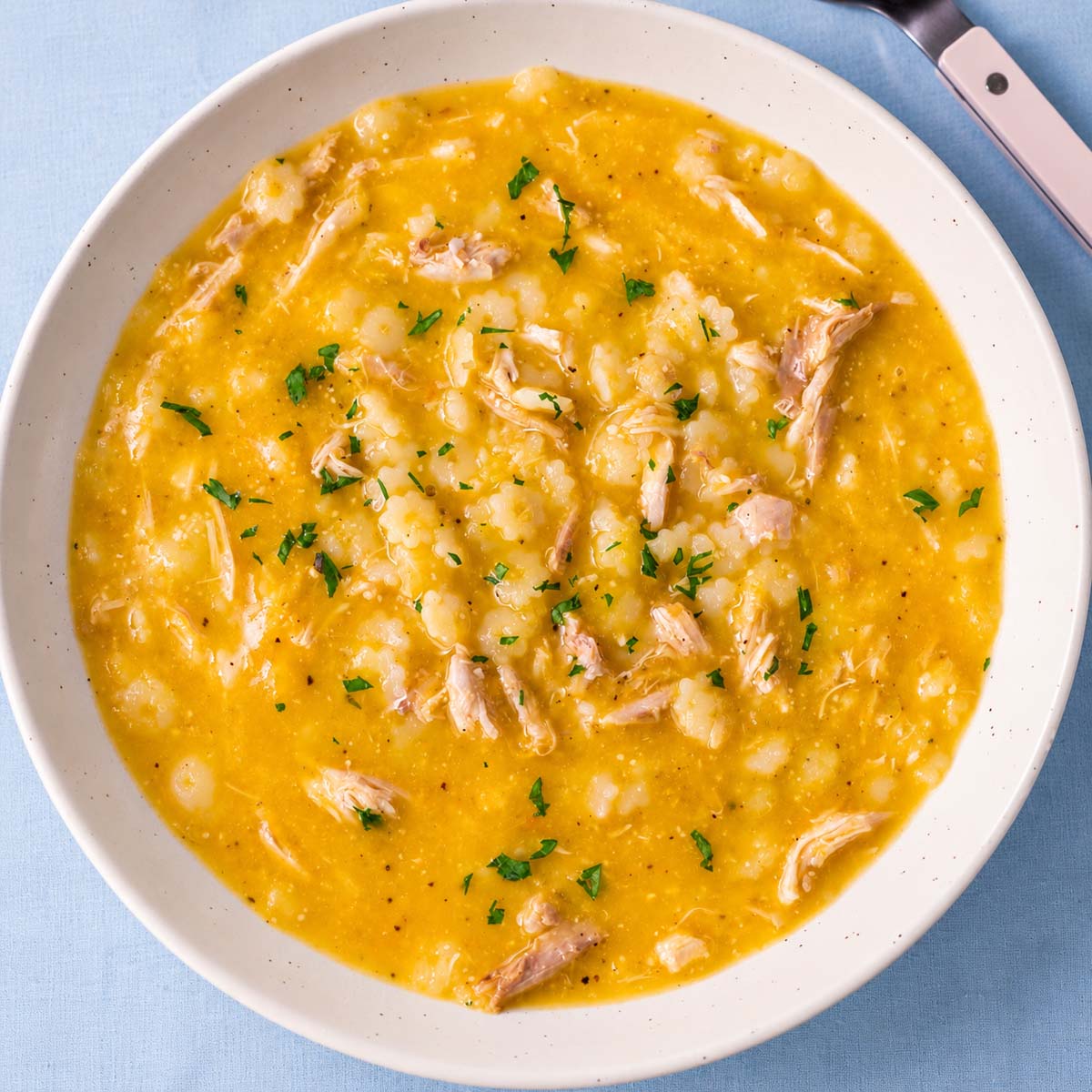 Pastina soup with shredded chicken and parsley in a white bowl