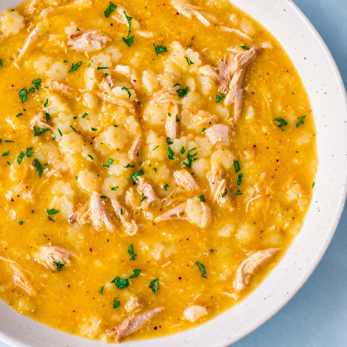 Italian penicillin soup with pastina and shredded chicken