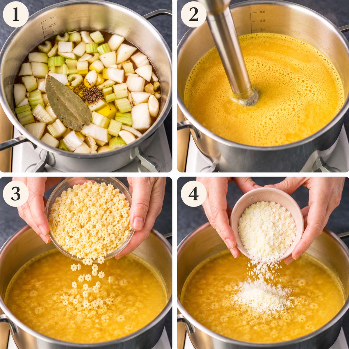 Pastina soup cooking steps with vegetables, blended broth, stelline pasta and Parmesan