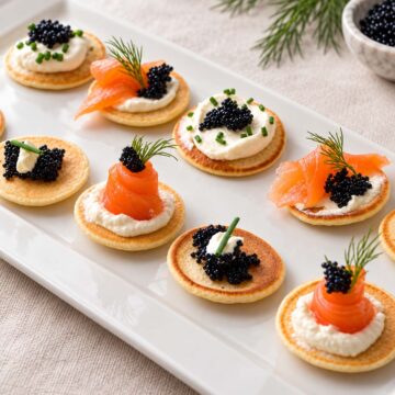 Smoked salmon blinis topped with crème fraîche, black fish roe, dill, and chives on a white serving platter.