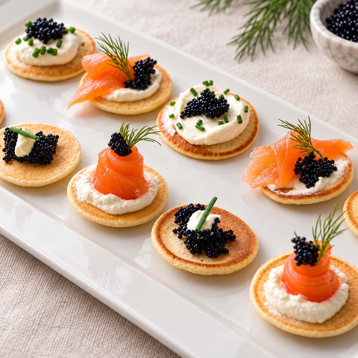 Smoked salmon blinis topped with crème fraîche, black fish roe, dill, and chives on a white serving platter.