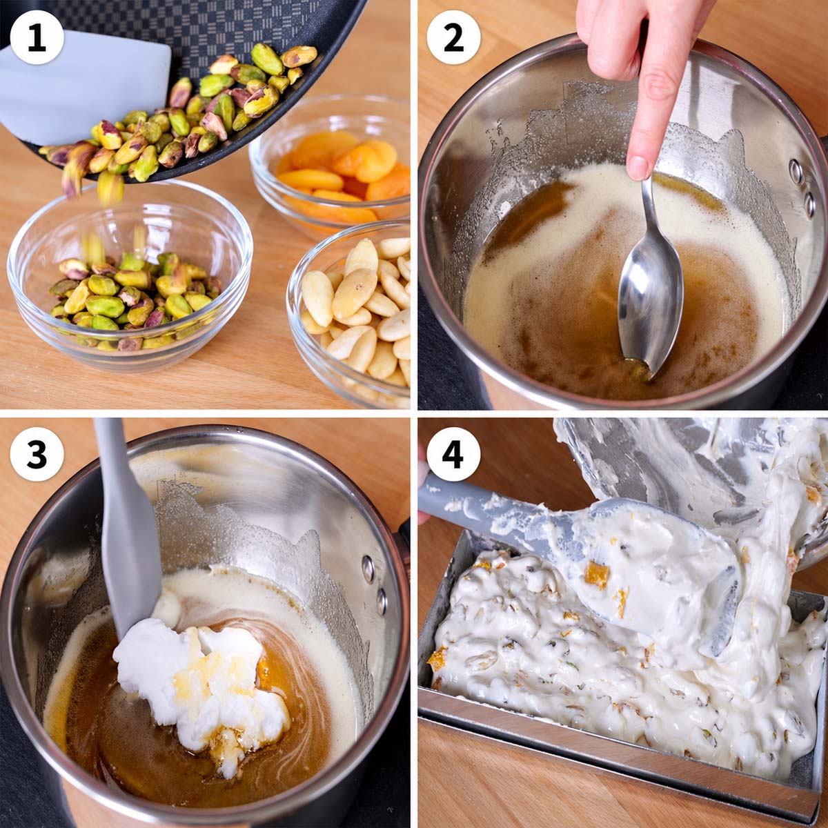 Four steps for making pistachio nougat: preparing toasted nuts, cooking honey syrup, folding in whipped egg white, and transferring the nougat to a mold.