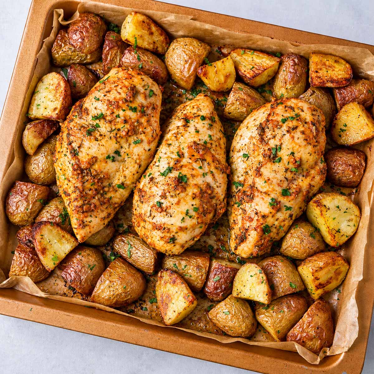 One pan chicken breast and potatoes roasted with garlic, herbs, and golden baby potatoes on a baking tray.
